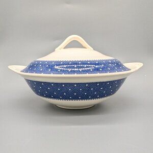 Vintage Ridgway Conway Blue Round Covered Vegetable White Dots Some Crazing